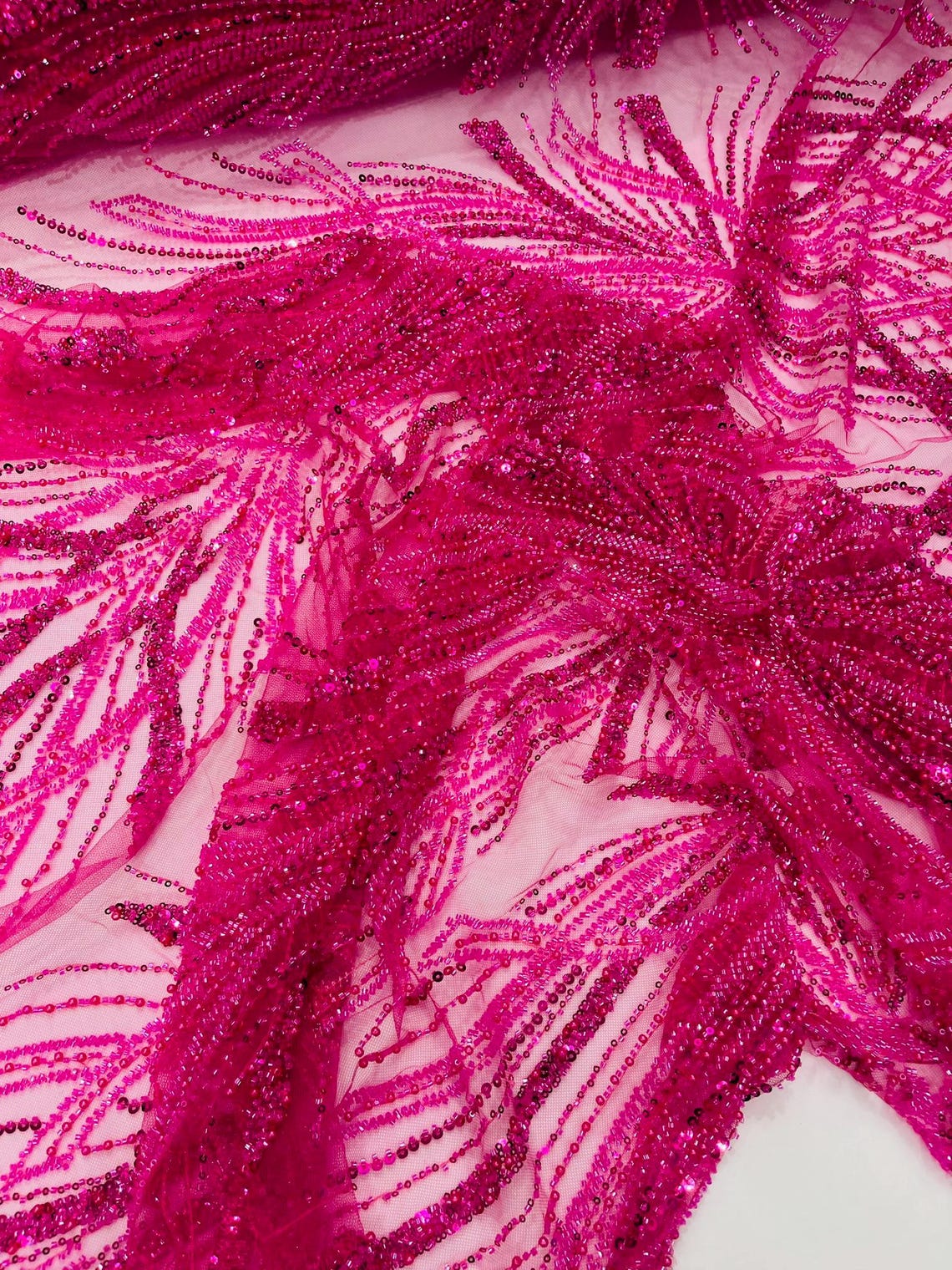 BRIDAL  - HOT PINK - Designs Embroider with Sequins and Heavy Beaded on a Mesh Lace Fabric - Sold By The Yard