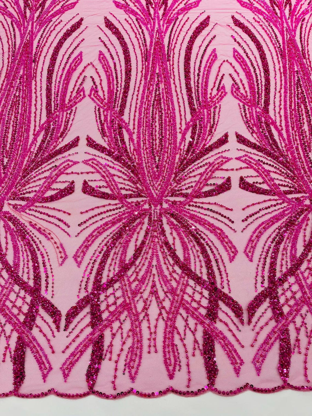 BRIDAL  - HOT PINK - Designs Embroider with Sequins and Heavy Beaded on a Mesh Lace Fabric - Sold By The Yard