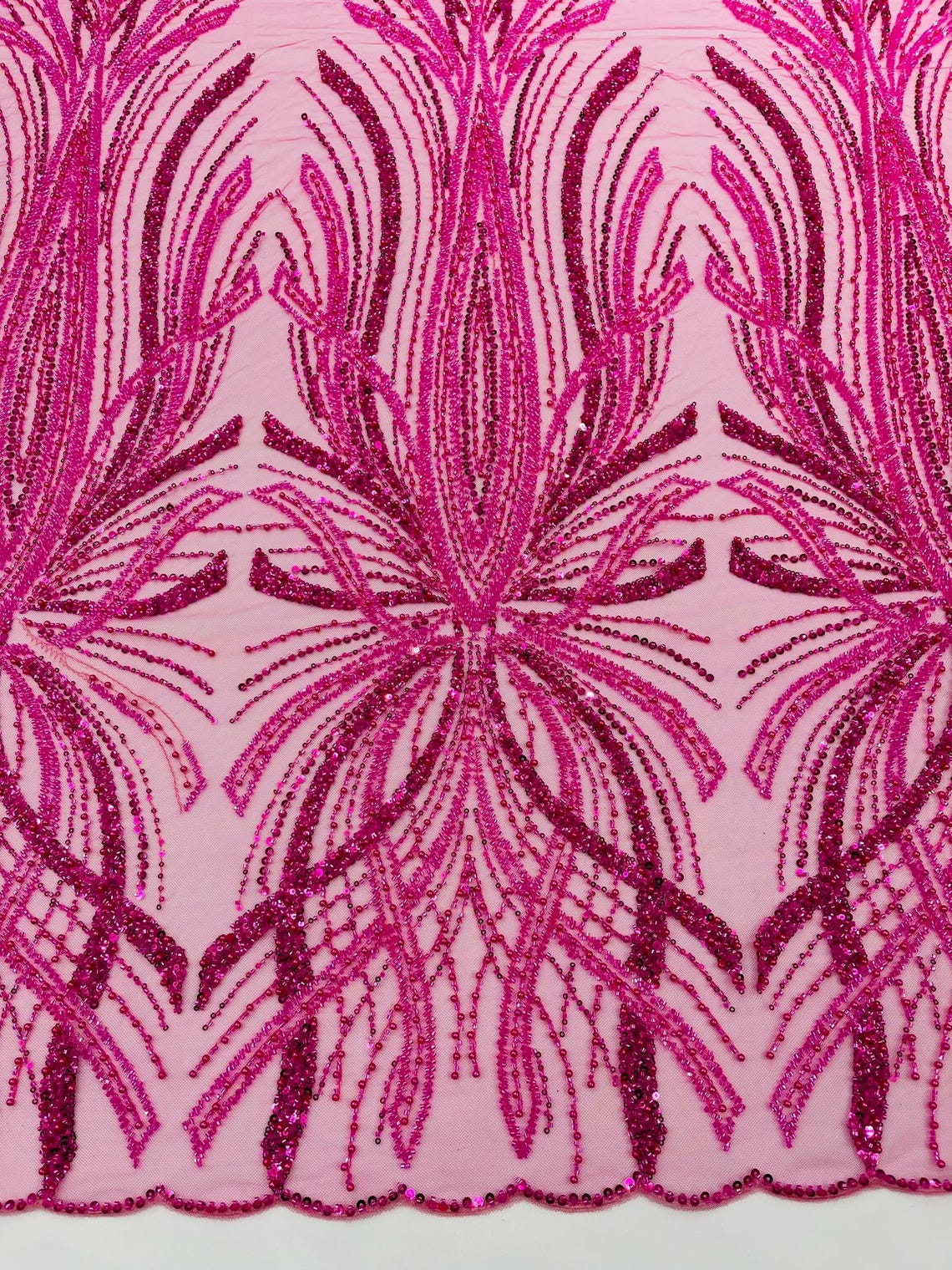 BRIDAL  - HOT PINK - Designs Embroider with Sequins and Heavy Beaded on a Mesh Lace Fabric - Sold By The Yard
