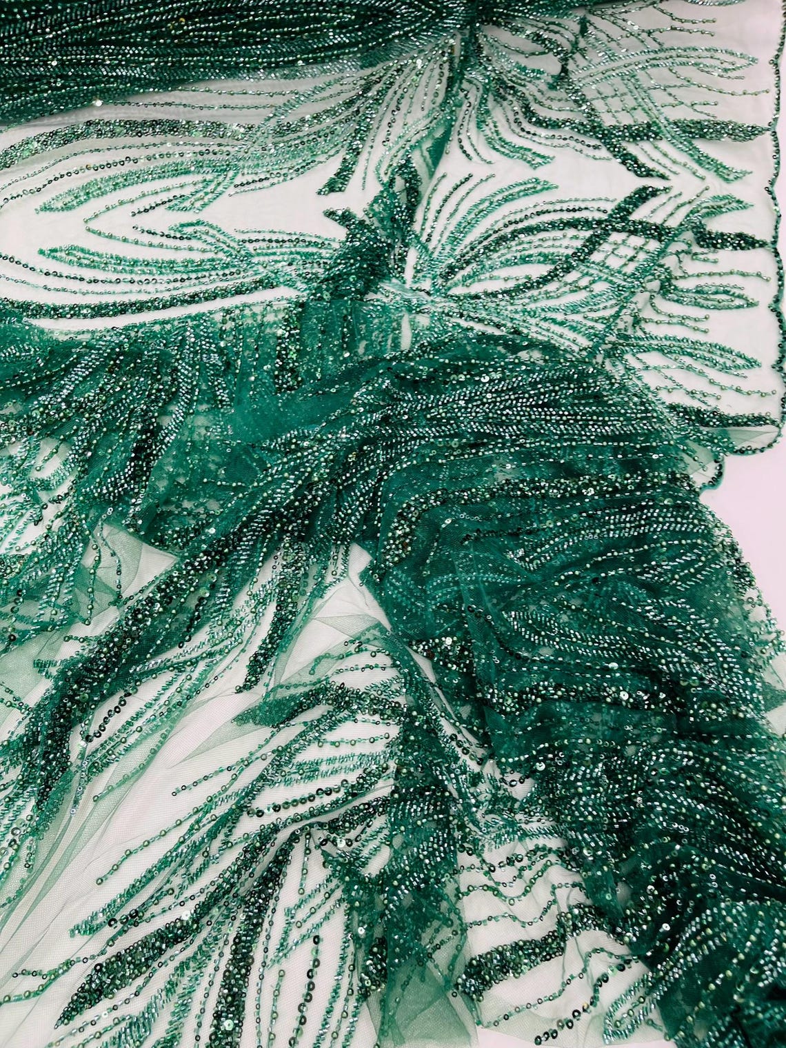 BRIDAL  - HUNTER - Designs Embroider with Sequins and Heavy Beaded on a Mesh Lace Fabric - Sold By The Yard