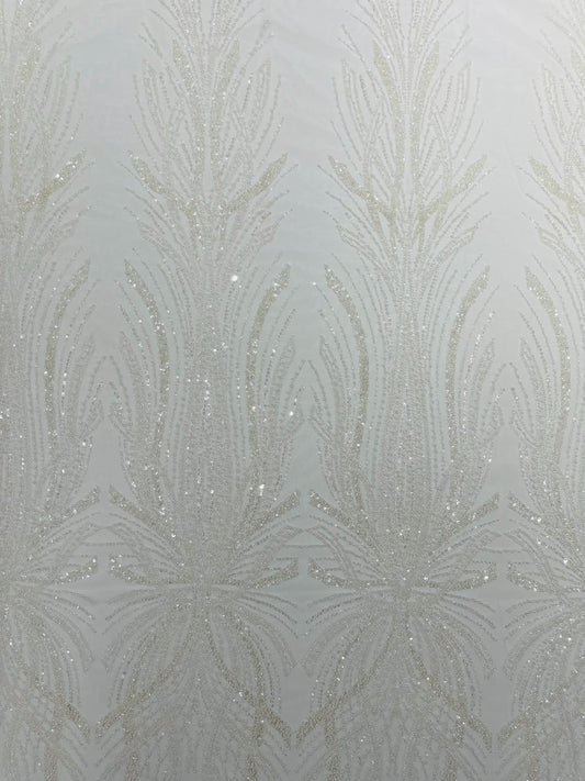 BRIDAL  - WHITE - Designs Embroider with Sequins and Heavy Beaded on a Mesh Lace Fabric - Sold By The Yard