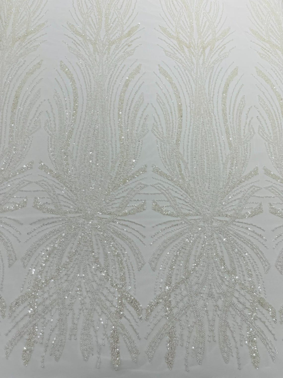 BRIDAL  - WHITE - Designs Embroider with Sequins and Heavy Beaded on a Mesh Lace Fabric - Sold By The Yard