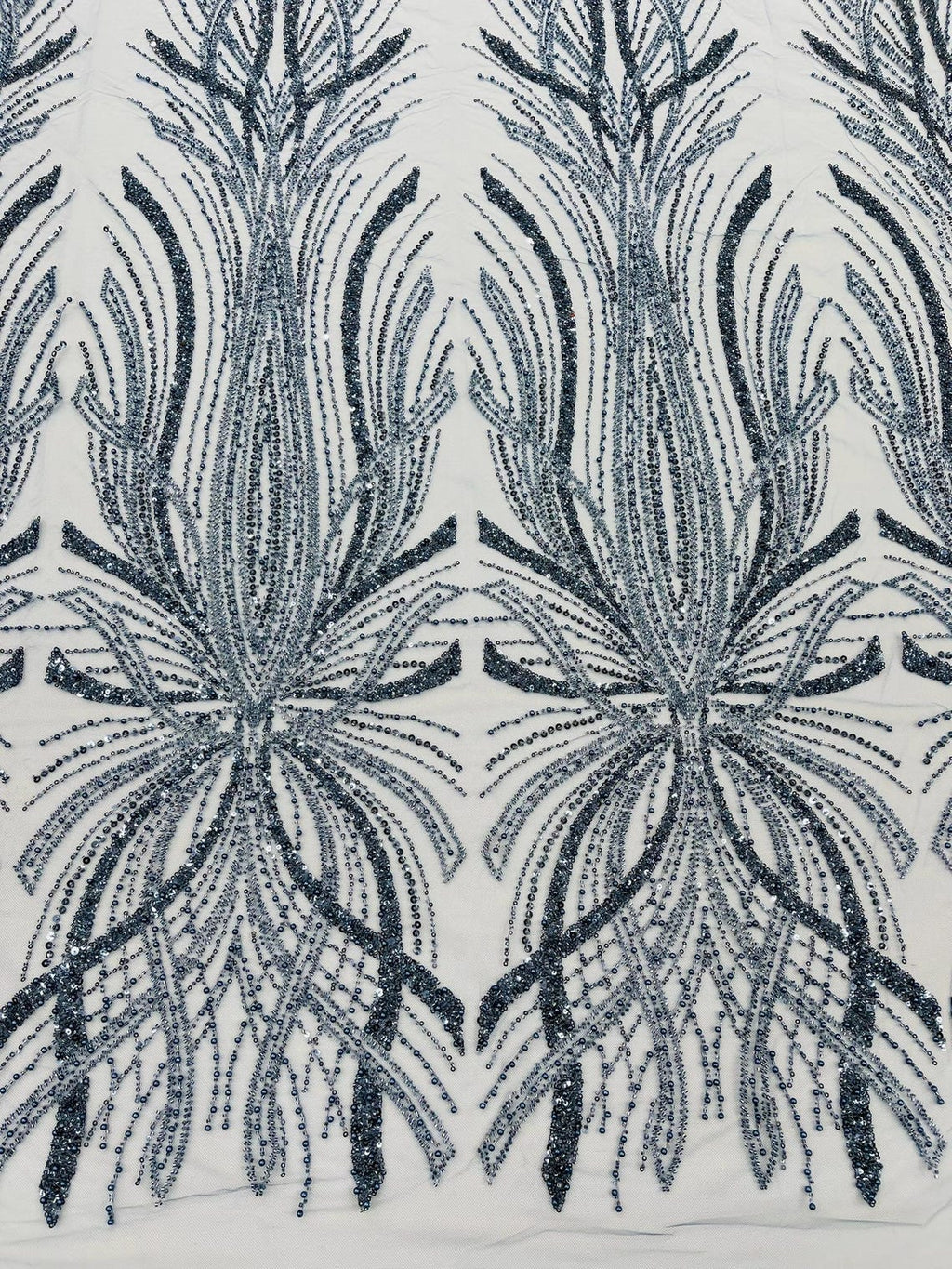 BRIDAL  - STEEL BLUE - Designs Embroider with Sequins and Heavy Beaded on a Mesh Lace Fabric - Sold By The Yard