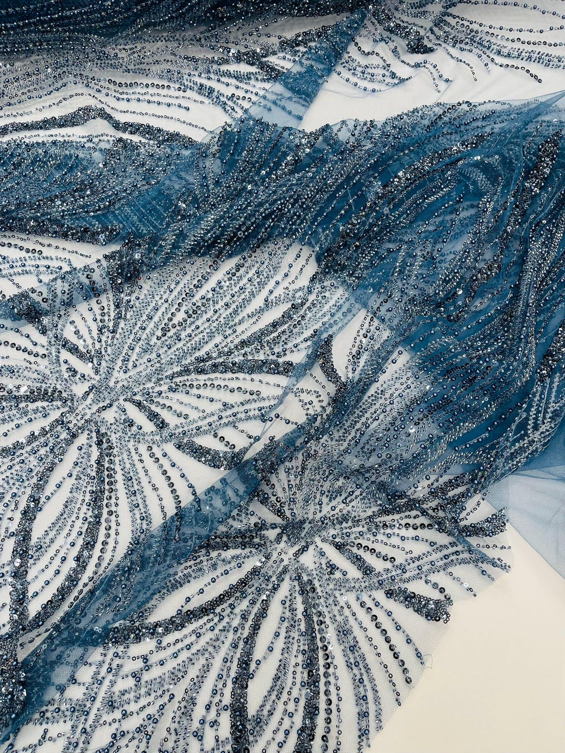 BRIDAL  - STEEL BLUE - Designs Embroider with Sequins and Heavy Beaded on a Mesh Lace Fabric - Sold By The Yard