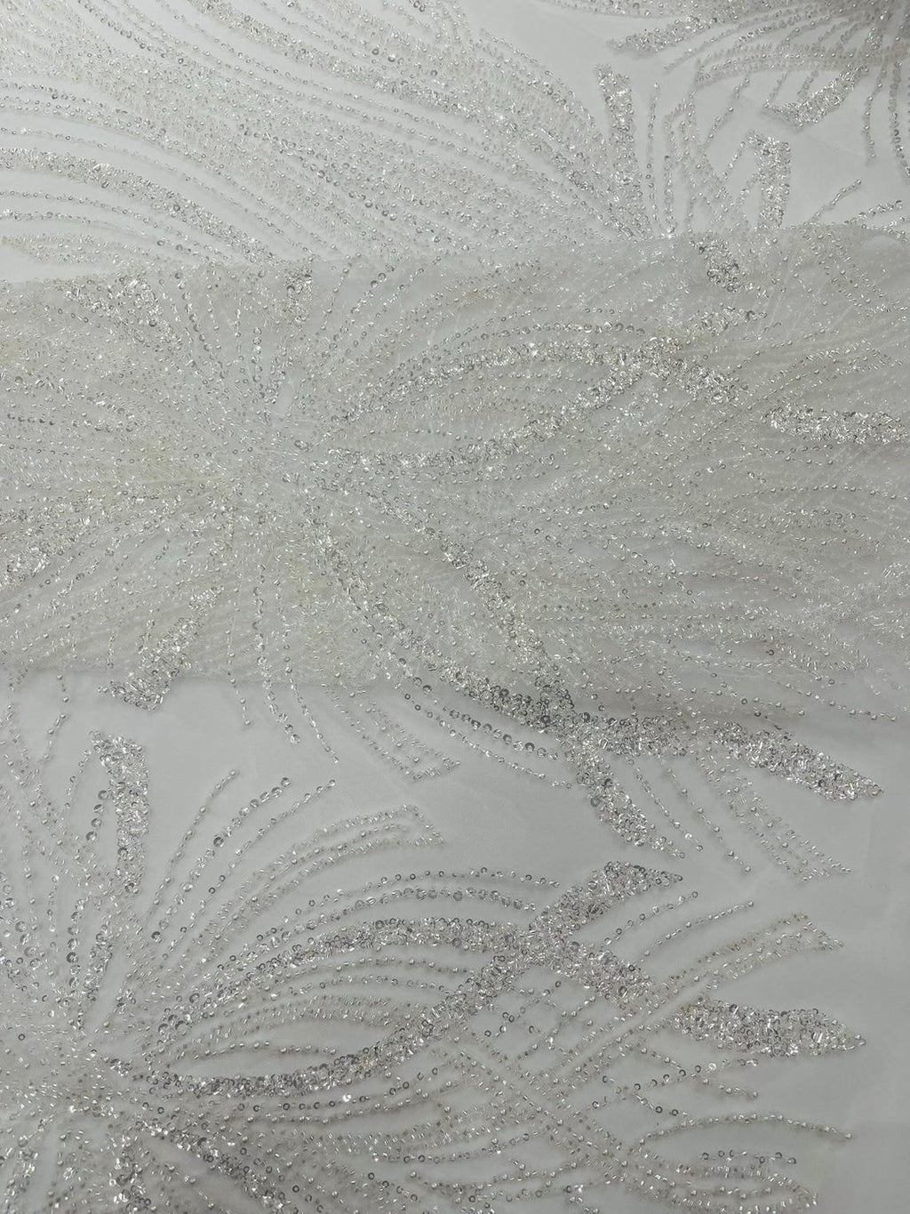 BRIDAL  - WHITE - Designs Embroider with Sequins and Heavy Beaded on a Mesh Lace Fabric - Sold By The Yard