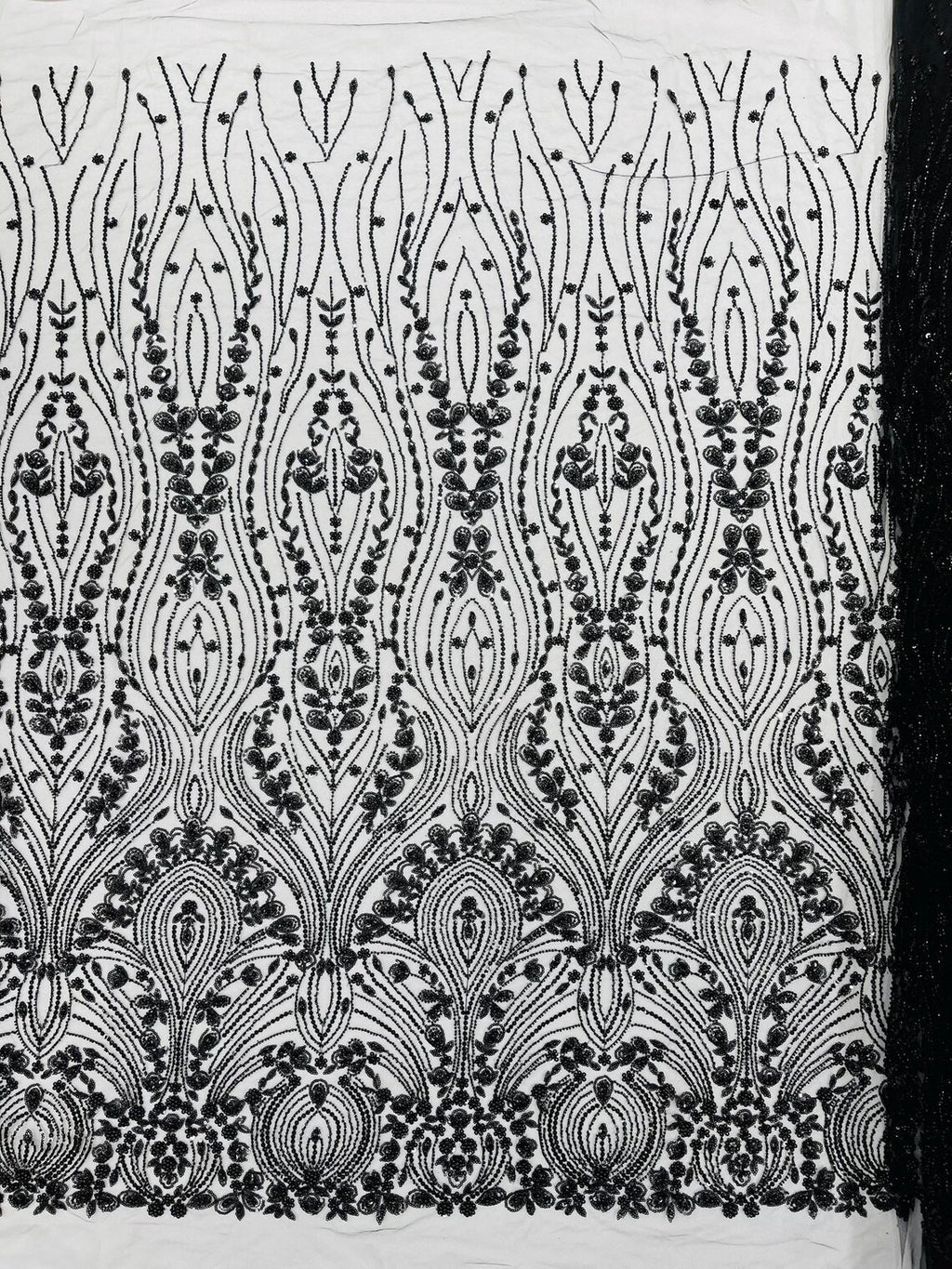 FEATHER  -  BLACK - Designs Embroider with Sequins and Heavy Beaded on a Mesh Lace Fabric - Sold By The Yard -