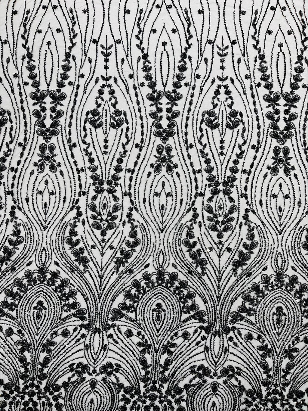 FEATHER  -  BLACK - Designs Embroider with Sequins and Heavy Beaded on a Mesh Lace Fabric - Sold By The Yard -