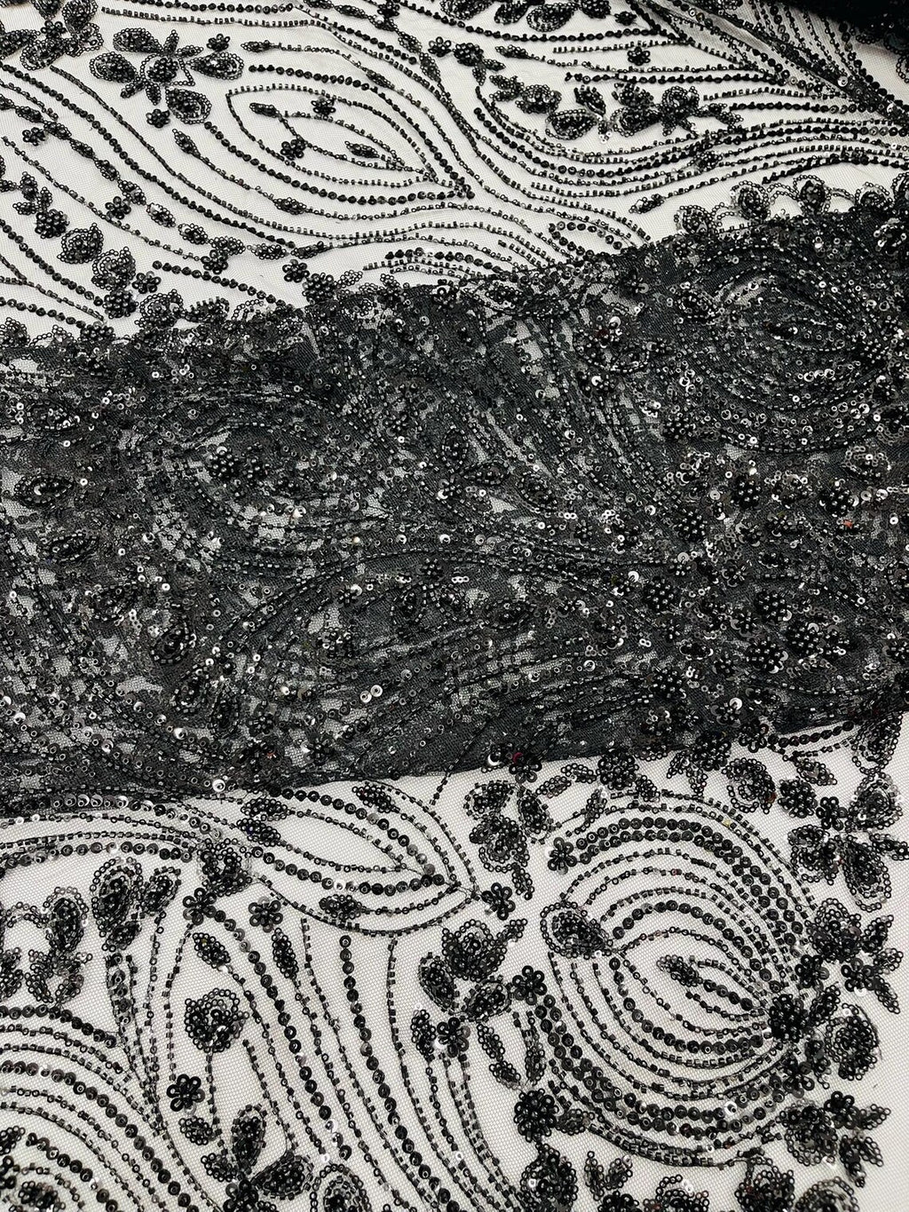 FEATHER  -  BLACK - Designs Embroider with Sequins and Heavy Beaded on a Mesh Lace Fabric - Sold By The Yard -