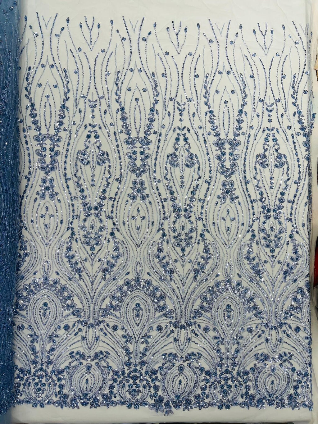 FEATHER  - BLUE - Designs Embroider with Sequins and Heavy Beaded on a Mesh Lace Fabric - Sold By The Yard