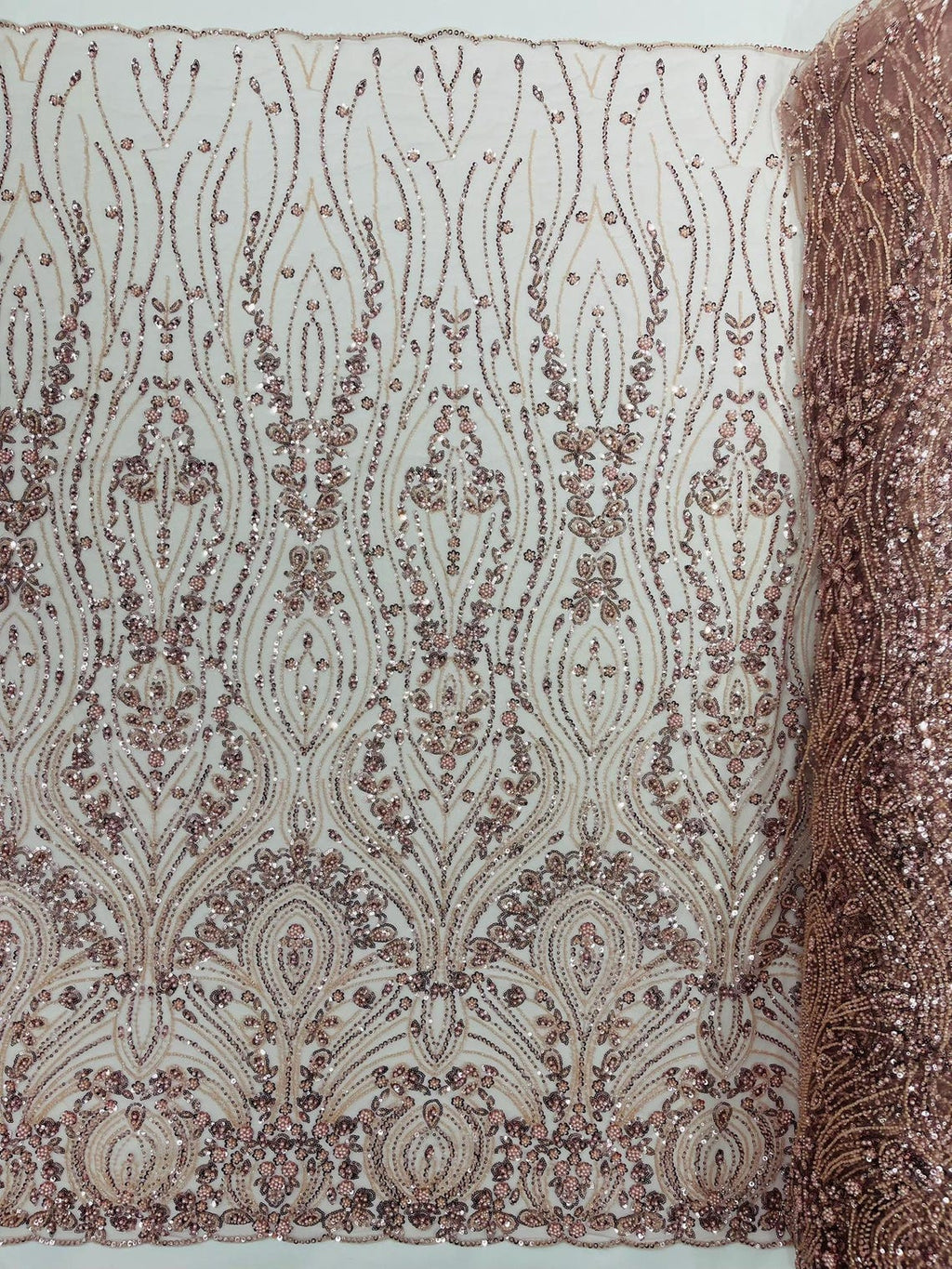 FEATHER  - BLUSH - Designs Embroider with Sequins and Heavy Beaded on a Mesh Lace Fabric - Sold By The Yard