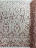 FEATHER  - BLUSH - Designs Embroider with Sequins and Heavy Beaded on a Mesh Lace Fabric - Sold By The Yard