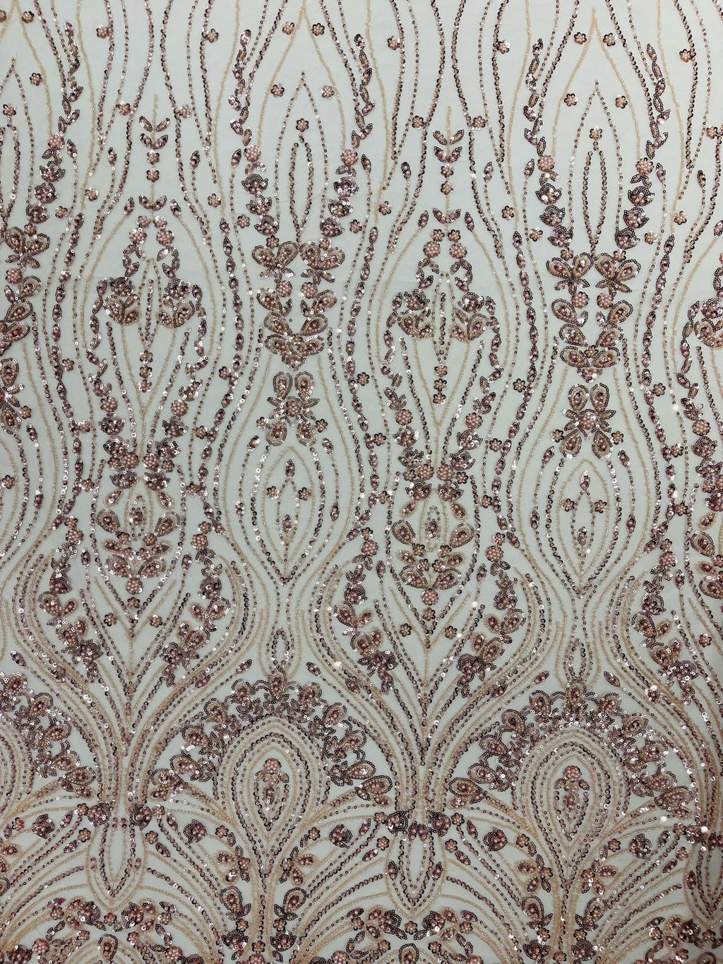 FEATHER  - BLUSH - Designs Embroider with Sequins and Heavy Beaded on a Mesh Lace Fabric - Sold By The Yard