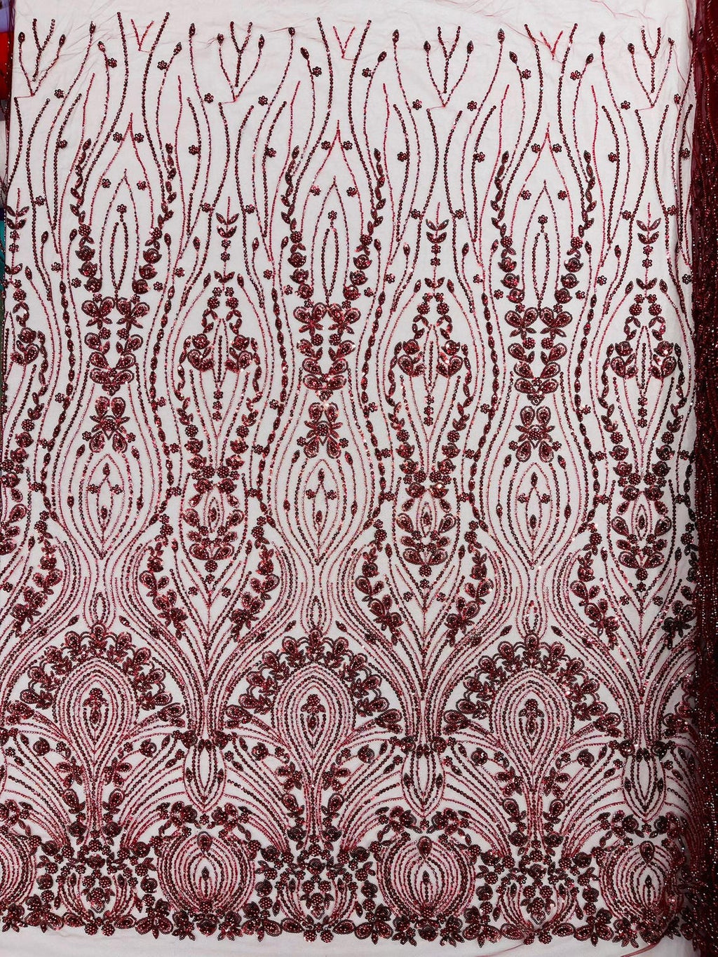 FEATHER  - BURGUNDY - Designs Embroider with Sequins and Heavy Beaded on a Mesh Lace Fabric - Sold By The Yard