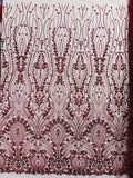 FEATHER  - BURGUNDY - Designs Embroider with Sequins and Heavy Beaded on a Mesh Lace Fabric - Sold By The Yard