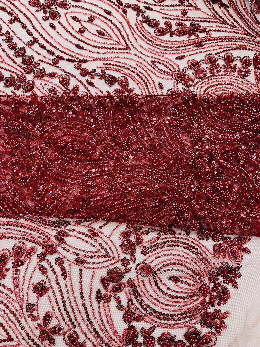 FEATHER  - BURGUNDY - Designs Embroider with Sequins and Heavy Beaded on a Mesh Lace Fabric - Sold By The Yard