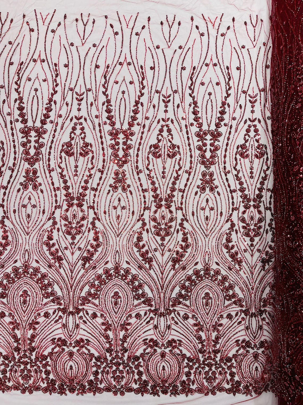 FEATHER  - BURGUNDY - Designs Embroider with Sequins and Heavy Beaded on a Mesh Lace Fabric - Sold By The Yard