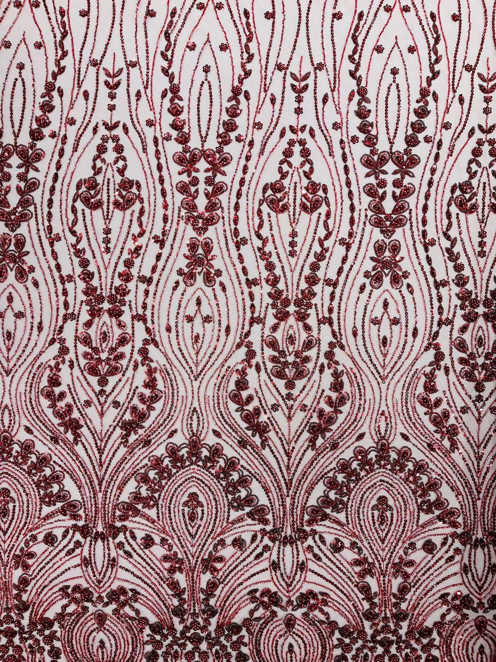 FEATHER  - BURGUNDY - Designs Embroider with Sequins and Heavy Beaded on a Mesh Lace Fabric - Sold By The Yard