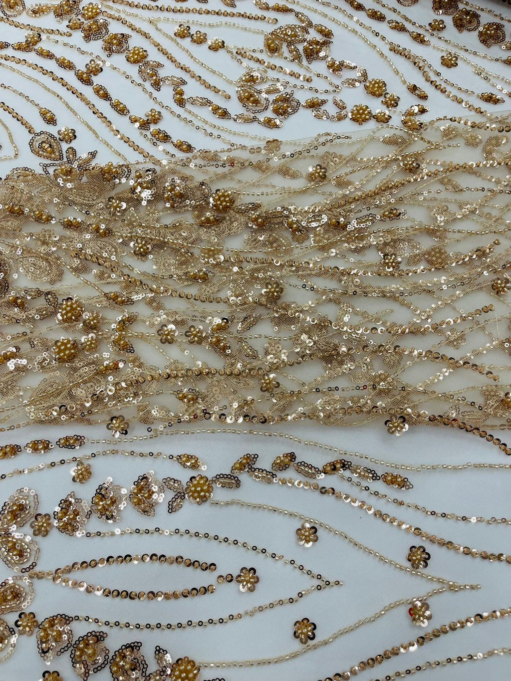 FEATHER  - CHAMPAGNE - Designs Embroider with Sequins and Heavy Beaded on a Mesh Lace Fabric - Sold By The Yard