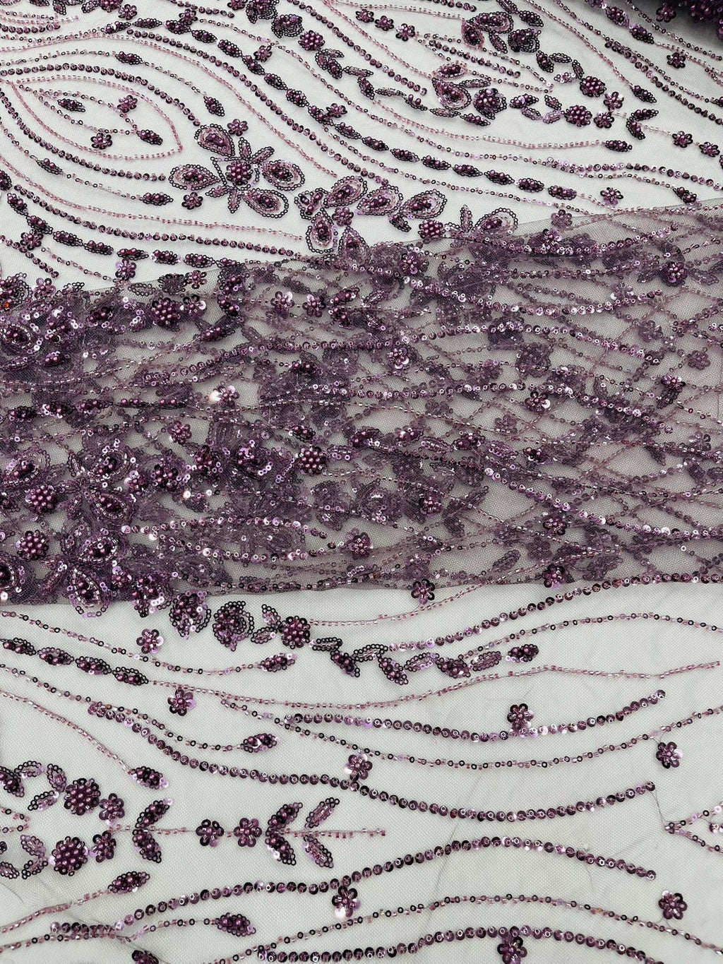 FEATHER  - DK PLUM - Designs Embroider with Sequins and Heavy Beaded on a Mesh Lace Fabric - Sold By The Yard