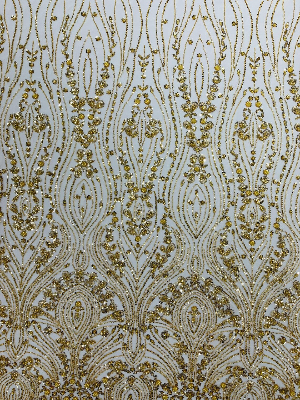 FEATHER  -  GOLD - Designs Embroider with Sequins and Heavy Beaded on a Mesh Lace Fabric - Sold By The Yard -