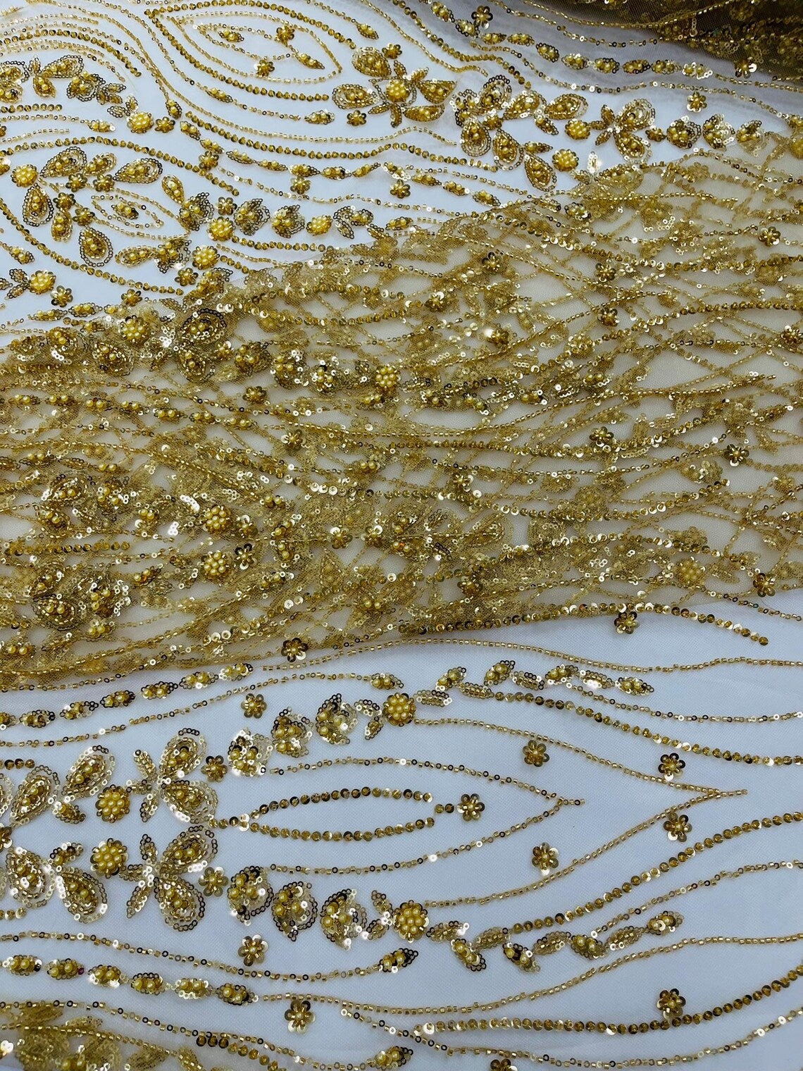 FEATHER  -  GOLD - Designs Embroider with Sequins and Heavy Beaded on a Mesh Lace Fabric - Sold By The Yard -