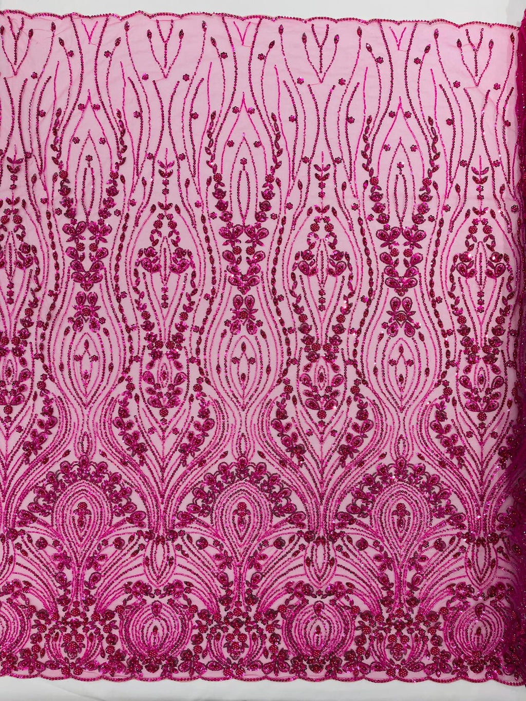 FEATHER  - HOT PINK - Designs Embroider with Sequins and Heavy Beaded on a Mesh Lace Fabric - Sold By The Yard
