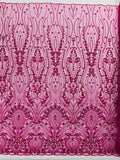 FEATHER  - HOT PINK - Designs Embroider with Sequins and Heavy Beaded on a Mesh Lace Fabric - Sold By The Yard