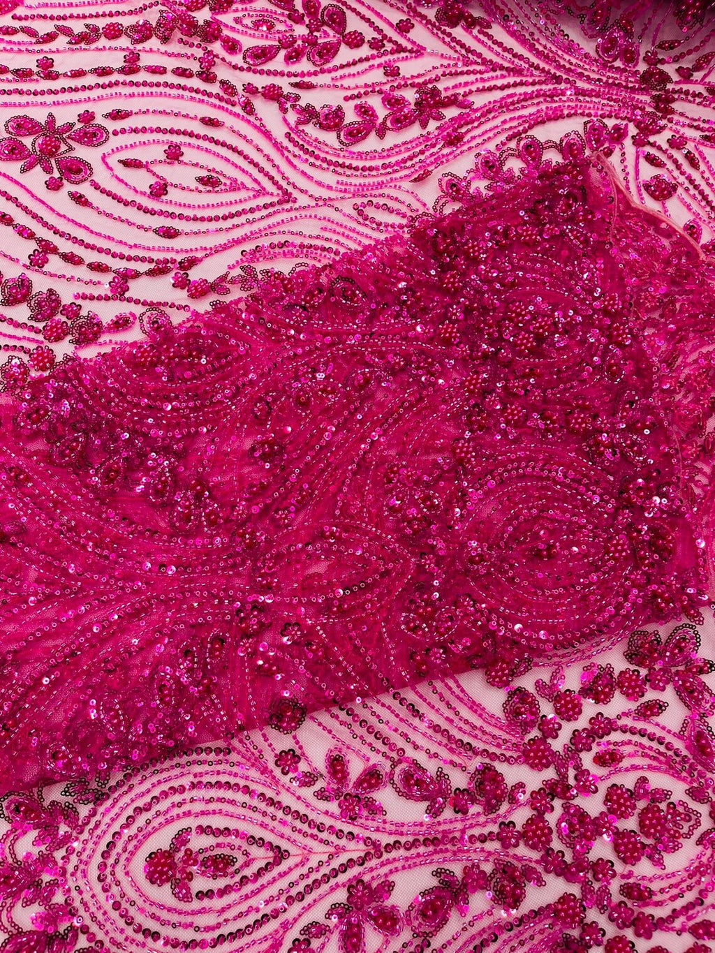 FEATHER  - HOT PINK - Designs Embroider with Sequins and Heavy Beaded on a Mesh Lace Fabric - Sold By The Yard