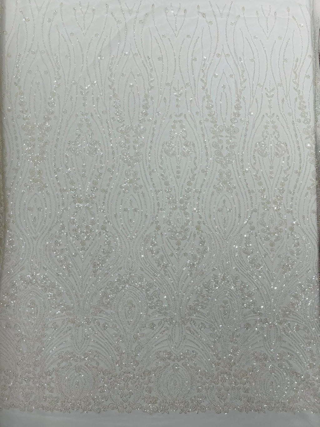 FEATHER  - IVORY - Designs Embroider with Sequins and Heavy Beaded on a Mesh Lace Fabric - Sold By The Yard