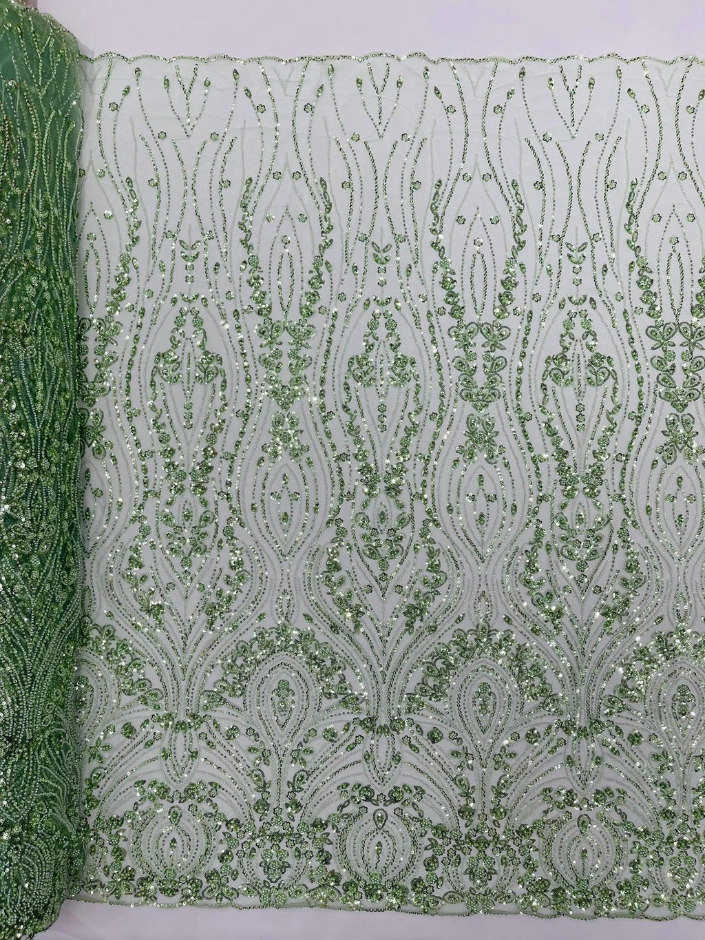 FEATHER  - SAGE - Designs Embroider with Sequins and Heavy Beaded on a Mesh Lace Fabric - Sold By The Yard