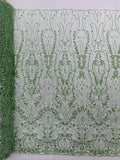 FEATHER  - SAGE - Designs Embroider with Sequins and Heavy Beaded on a Mesh Lace Fabric - Sold By The Yard