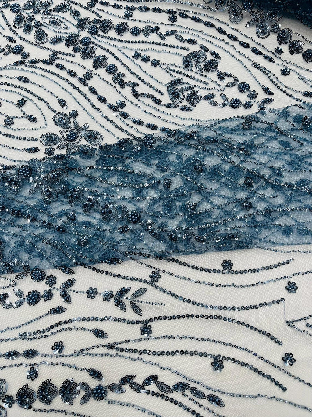 FEATHER  - SMOKE BLUE - Designs Embroider with Sequins and Heavy Beaded on a Mesh Lace Fabric - Sold By The Yard