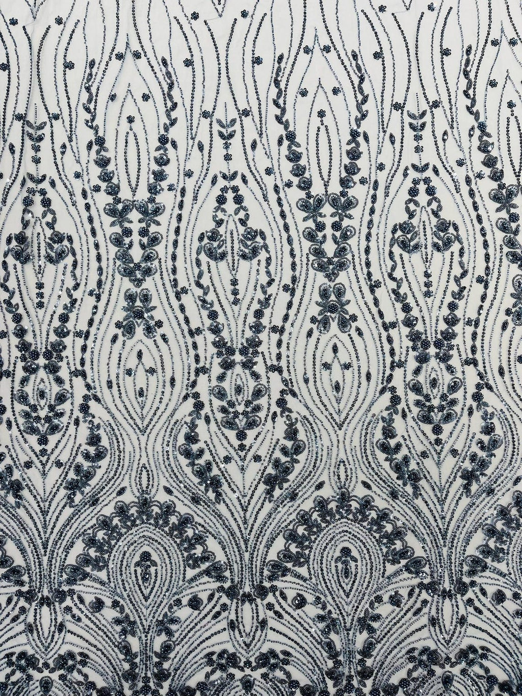 FEATHER  - SMOKE BLUE - Designs Embroider with Sequins and Heavy Beaded on a Mesh Lace Fabric - Sold By The Yard