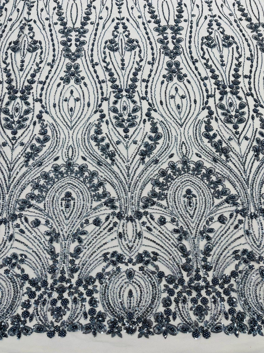 FEATHER  - SMOKE BLUE - Designs Embroider with Sequins and Heavy Beaded on a Mesh Lace Fabric - Sold By The Yard