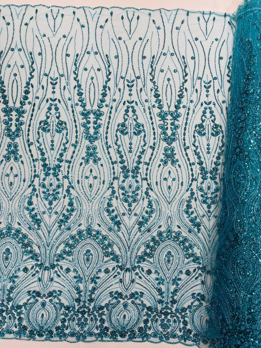 FEATHER  - TURQUOISE - Designs Embroider with Sequins and Heavy Beaded on a Mesh Lace Fabric - Sold By The Yard