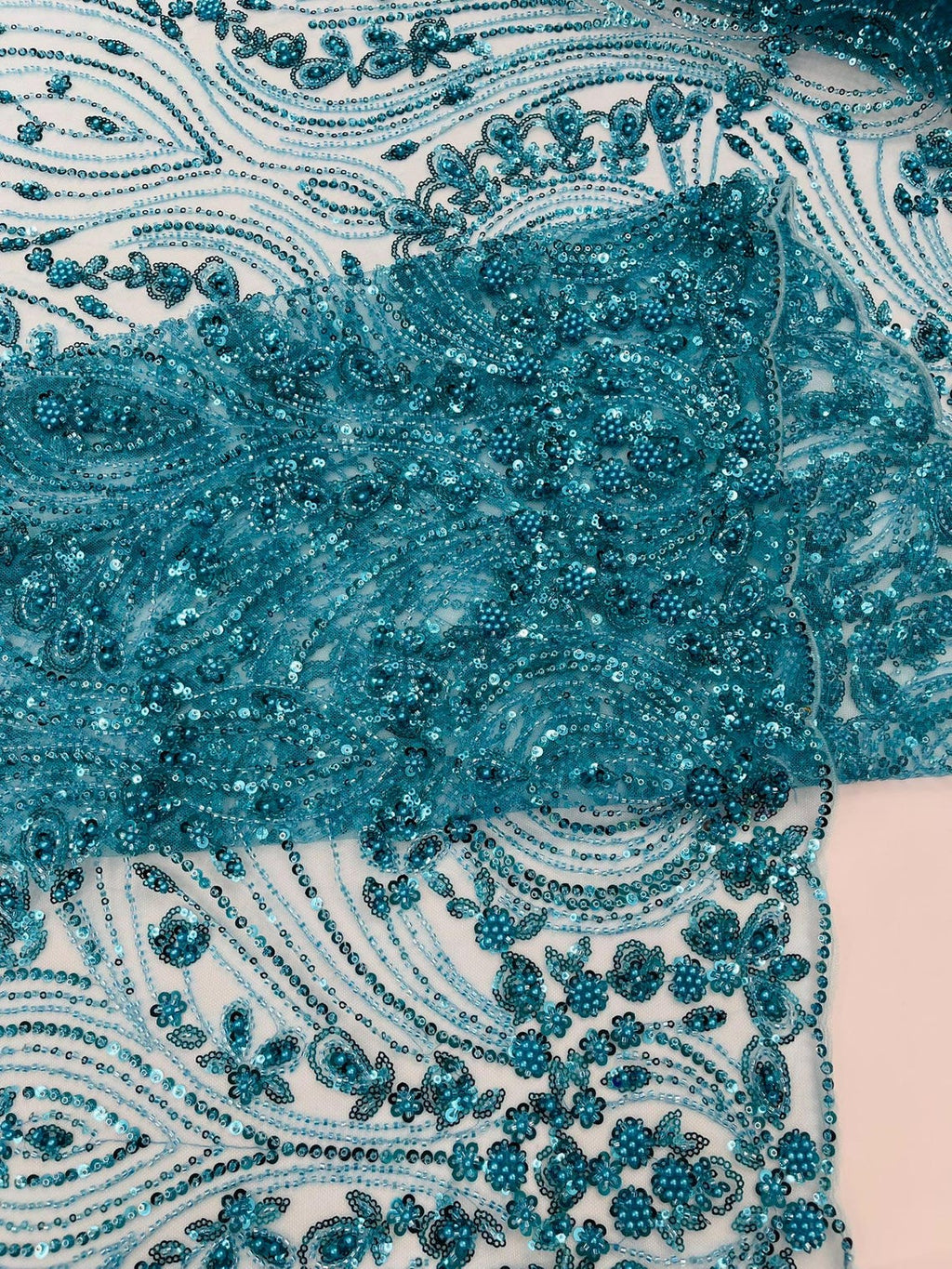 FEATHER  - TURQUOISE - Designs Embroider with Sequins and Heavy Beaded on a Mesh Lace Fabric - Sold By The Yard