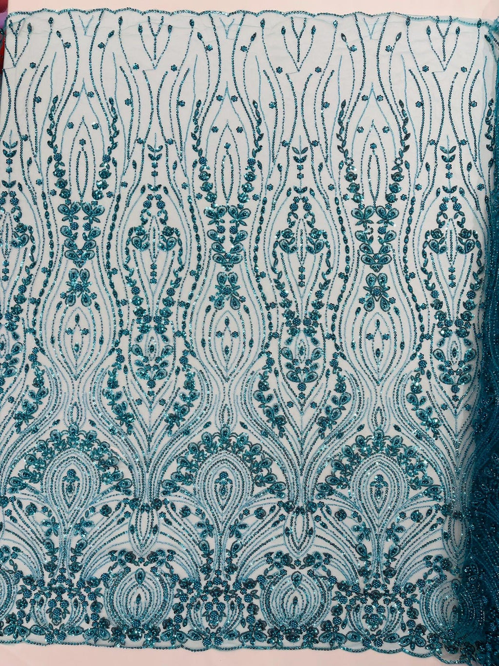 FEATHER  - TURQUOISE - Designs Embroider with Sequins and Heavy Beaded on a Mesh Lace Fabric - Sold By The Yard