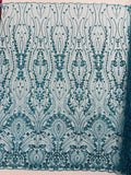 FEATHER  - TURQUOISE - Designs Embroider with Sequins and Heavy Beaded on a Mesh Lace Fabric - Sold By The Yard