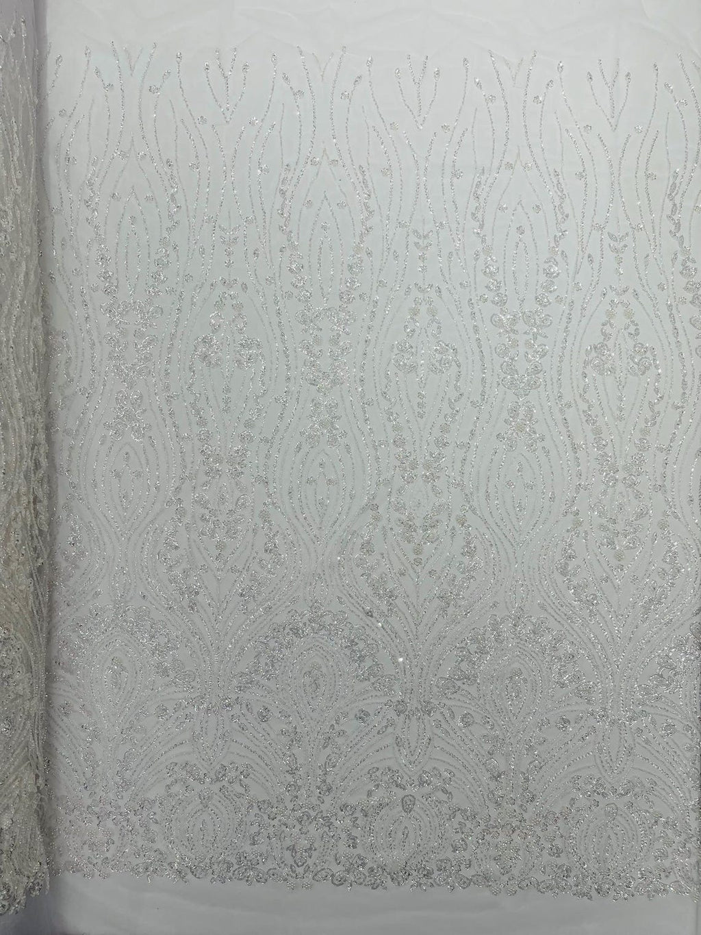 FEATHER  - WHITE - Designs Embroider with Sequins and Heavy Beaded on a Mesh Lace Fabric - Sold By The Yard