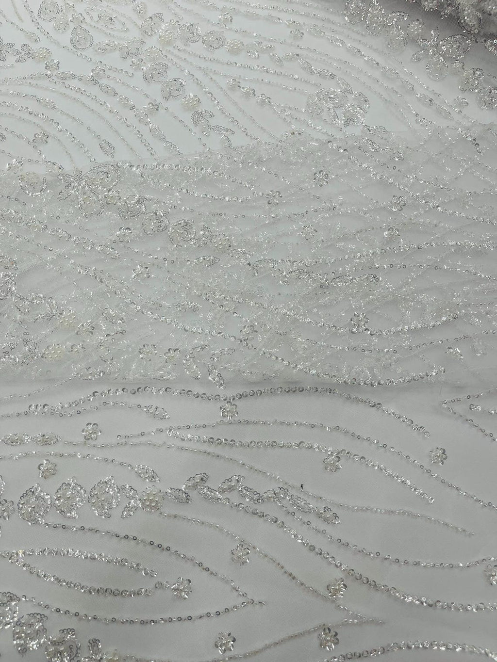 FEATHER  - WHITE - Designs Embroider with Sequins and Heavy Beaded on a Mesh Lace Fabric - Sold By The Yard