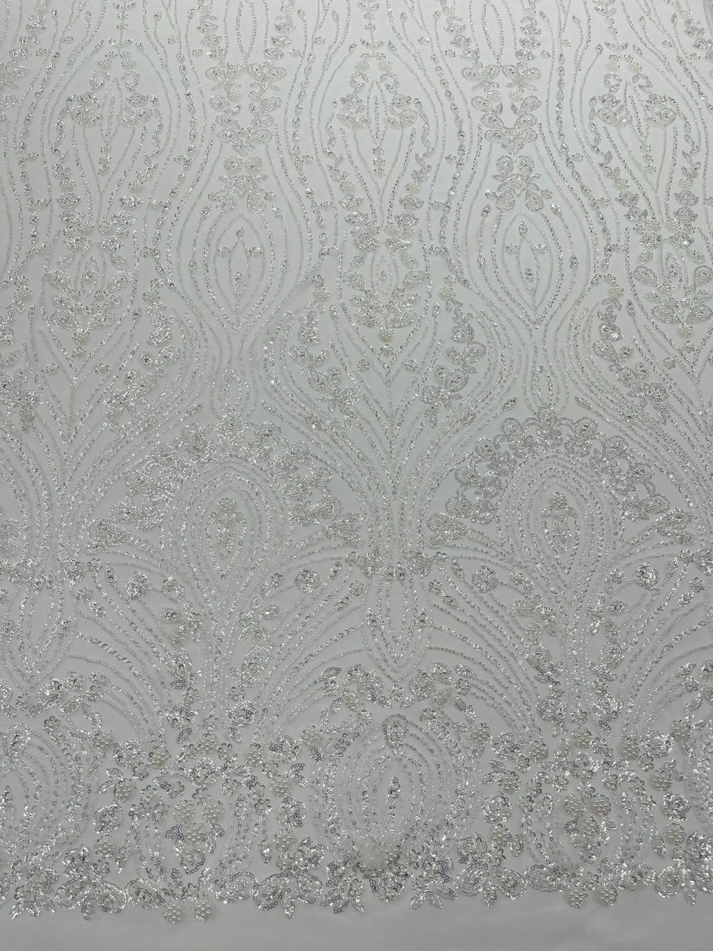 FEATHER  - WHITE - Designs Embroider with Sequins and Heavy Beaded on a Mesh Lace Fabric - Sold By The Yard