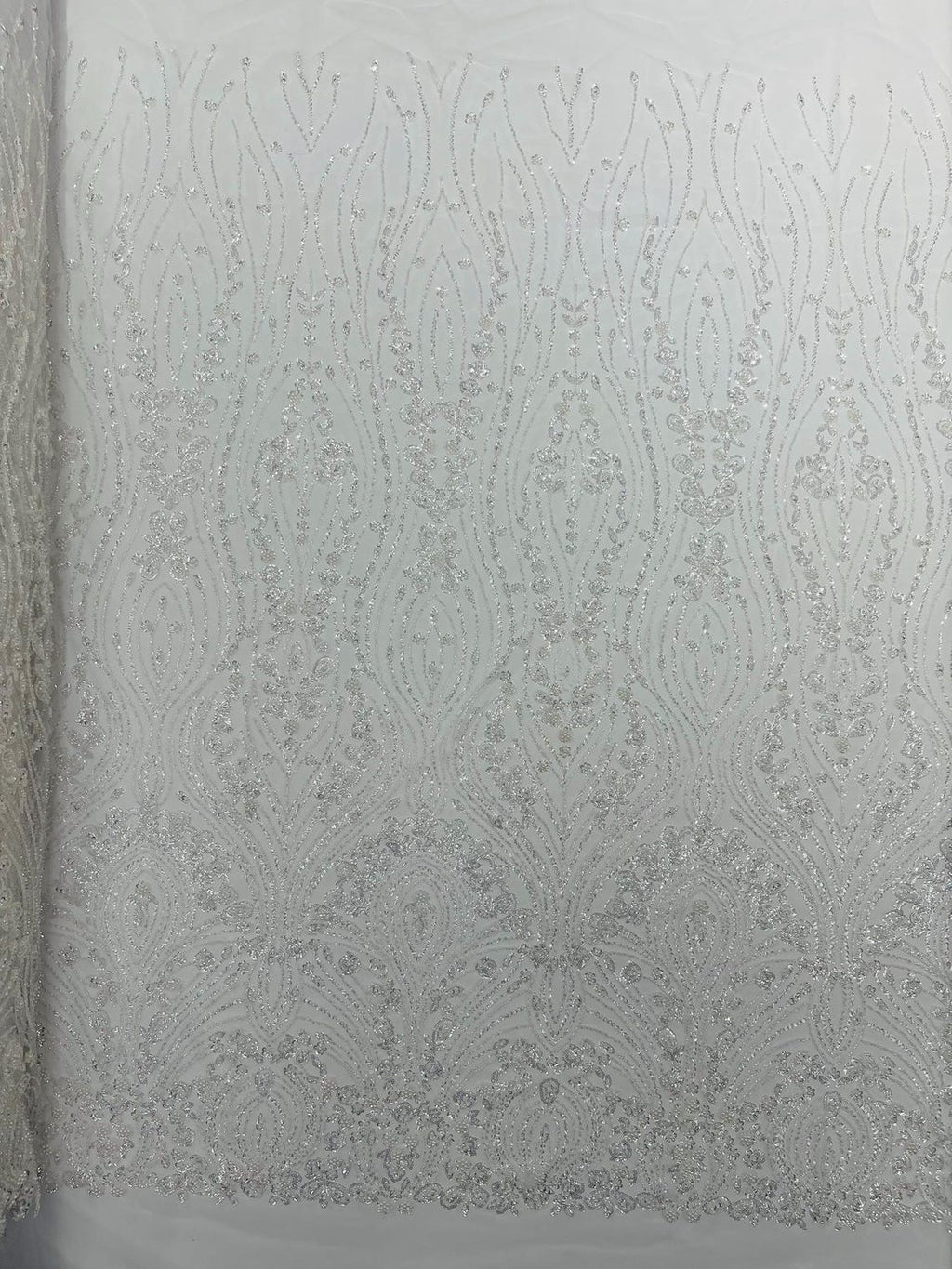 FEATHER  - WHITE - Designs Embroider with Sequins and Heavy Beaded on a Mesh Lace Fabric - Sold By The Yard