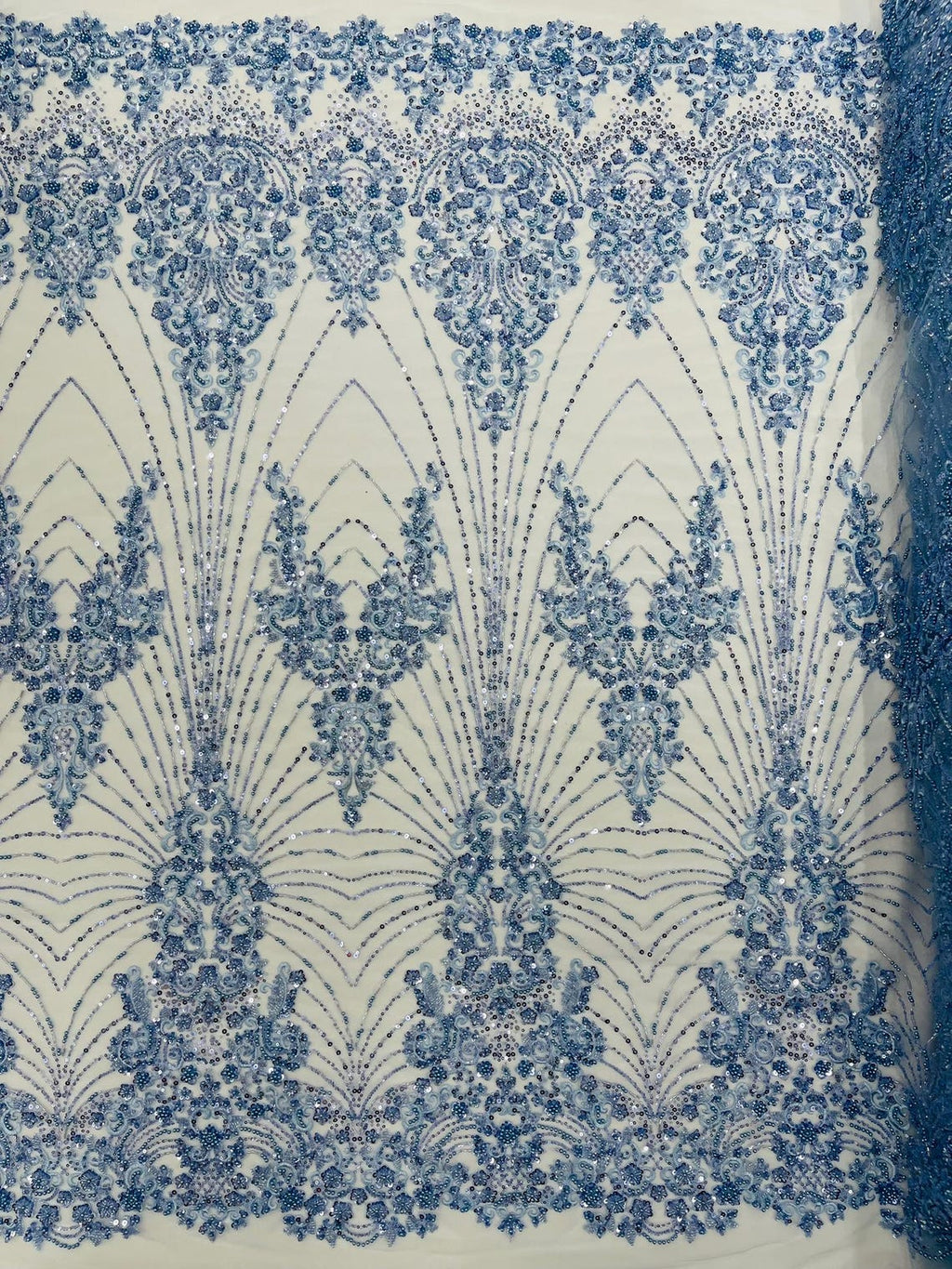 DAMASK  - BABY BLUE - Designs Embroider with Sequins and Heavy Beaded on a Mesh Lace Fabric - Sold By The Yard