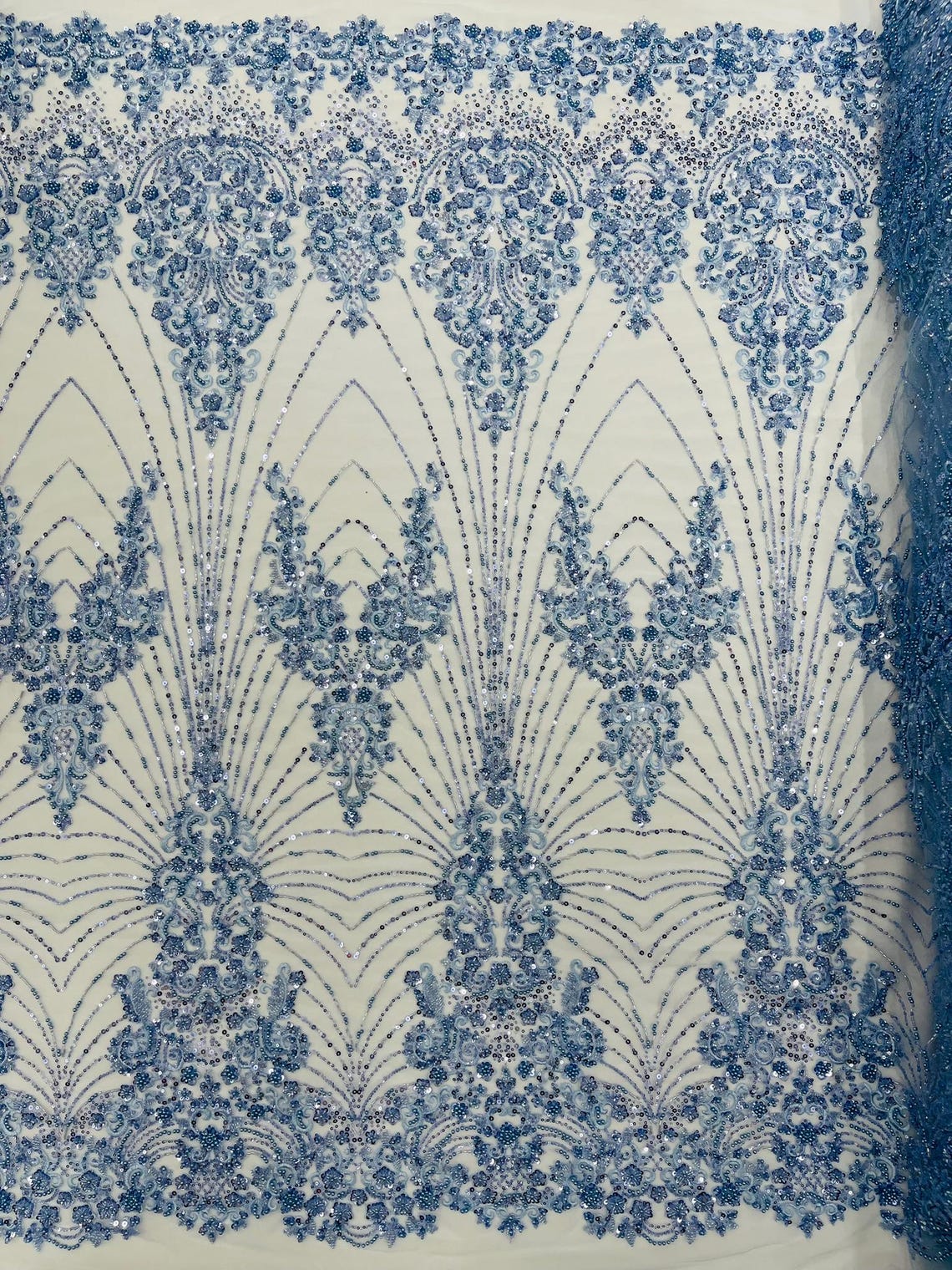 DAMASK  - BABY BLUE - Designs Embroider with Sequins and Heavy Beaded on a Mesh Lace Fabric - Sold By The Yard