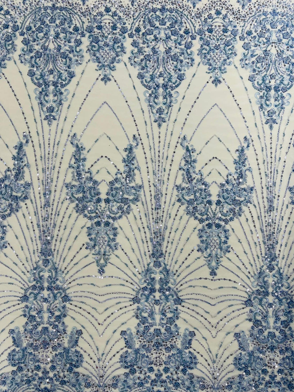 DAMASK  - BABY BLUE - Designs Embroider with Sequins and Heavy Beaded on a Mesh Lace Fabric - Sold By The Yard