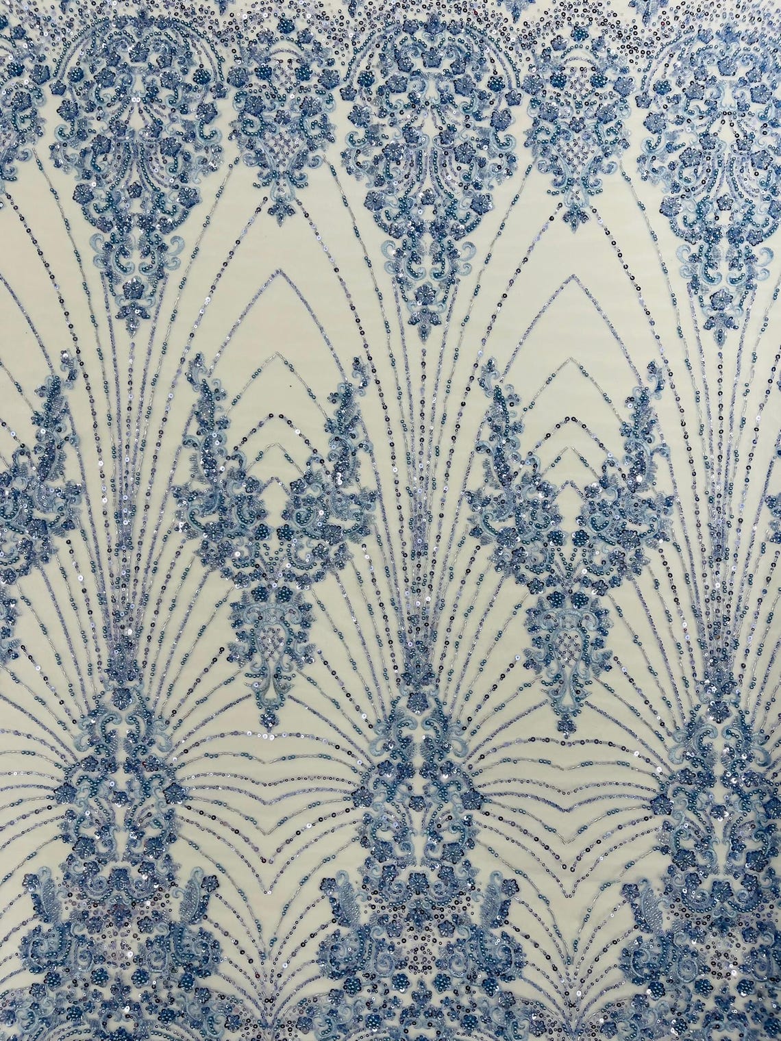 DAMASK  - BABY BLUE - Designs Embroider with Sequins and Heavy Beaded on a Mesh Lace Fabric - Sold By The Yard