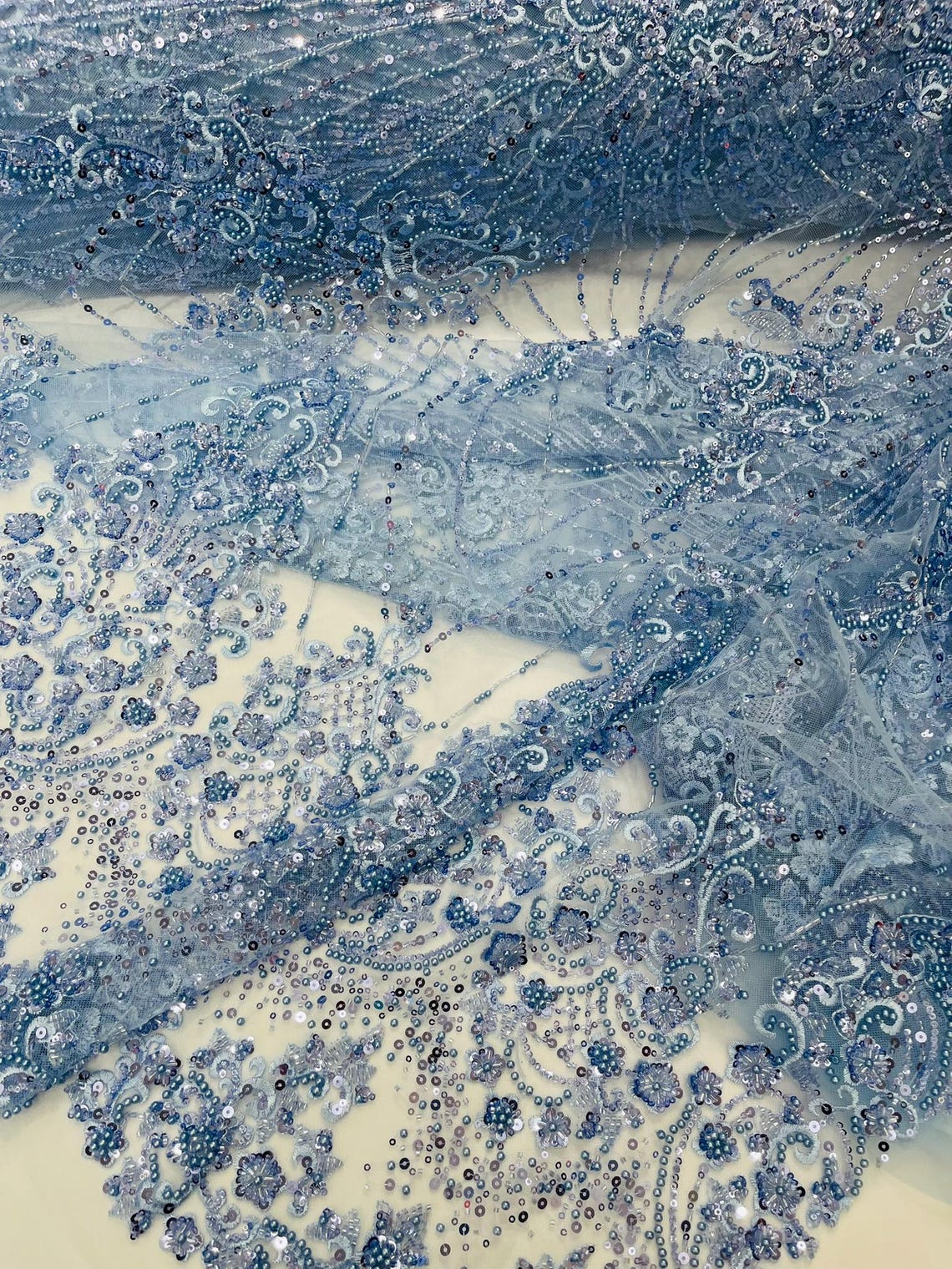 DAMASK  - BABY BLUE - Designs Embroider with Sequins and Heavy Beaded on a Mesh Lace Fabric - Sold By The Yard