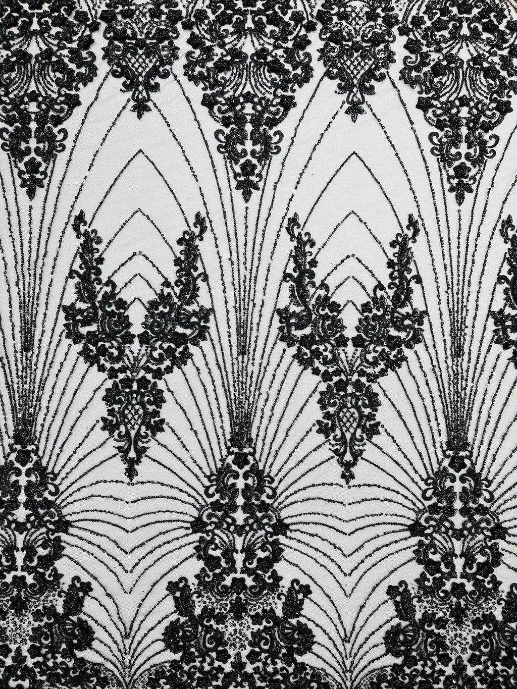 DAMASK  - BLACK - Designs Embroider with Sequins and Heavy Beaded on a Mesh Lace Fabric - Sold By The Yard