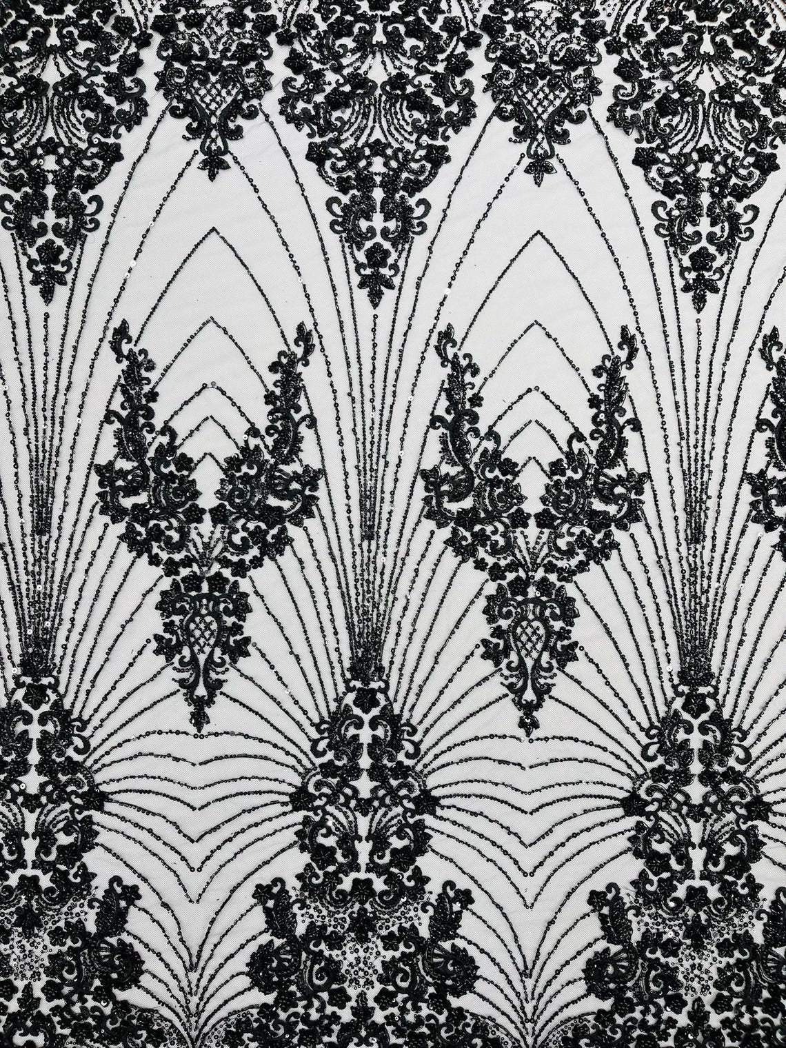 DAMASK  - BLACK - Designs Embroider with Sequins and Heavy Beaded on a Mesh Lace Fabric - Sold By The Yard