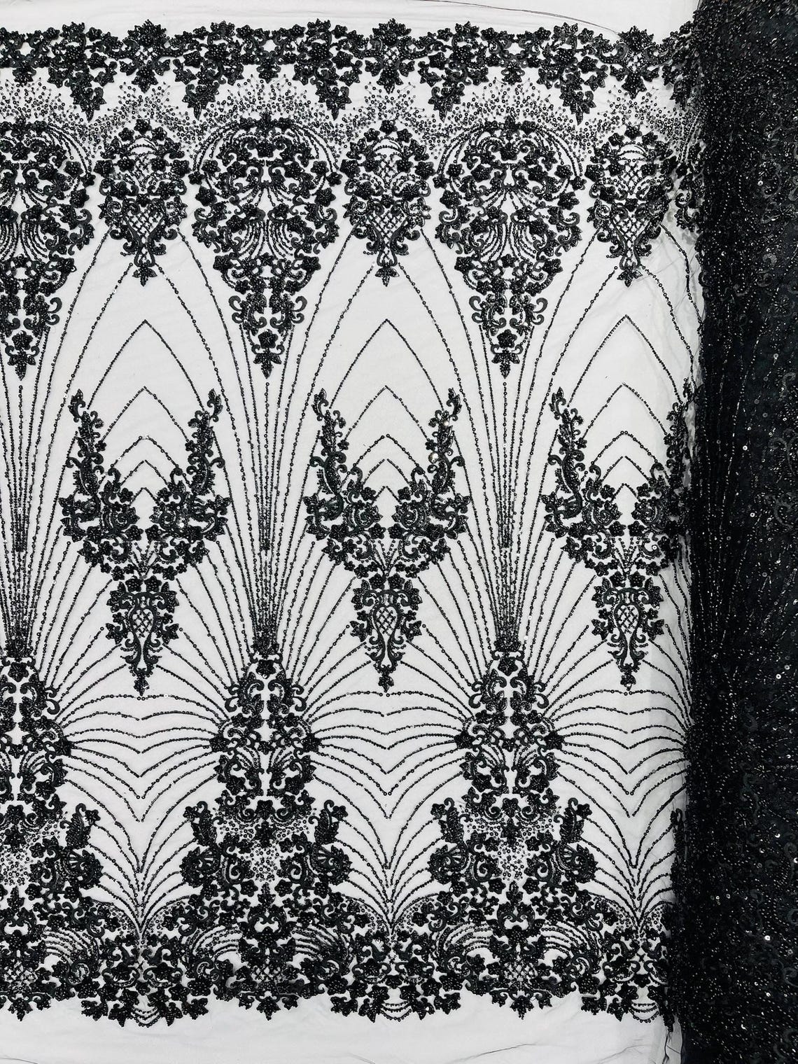 DAMASK  - BLACK - Designs Embroider with Sequins and Heavy Beaded on a Mesh Lace Fabric - Sold By The Yard